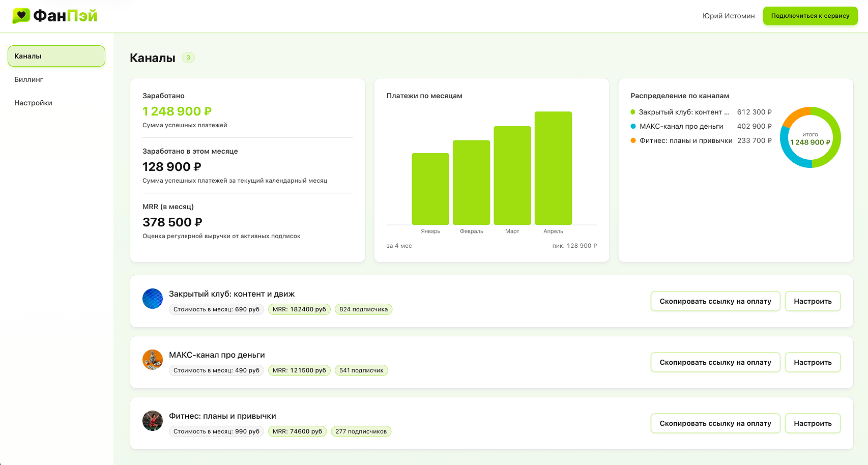 Скриншот кабинета ФанПэй с каналами, платежами и статистикой